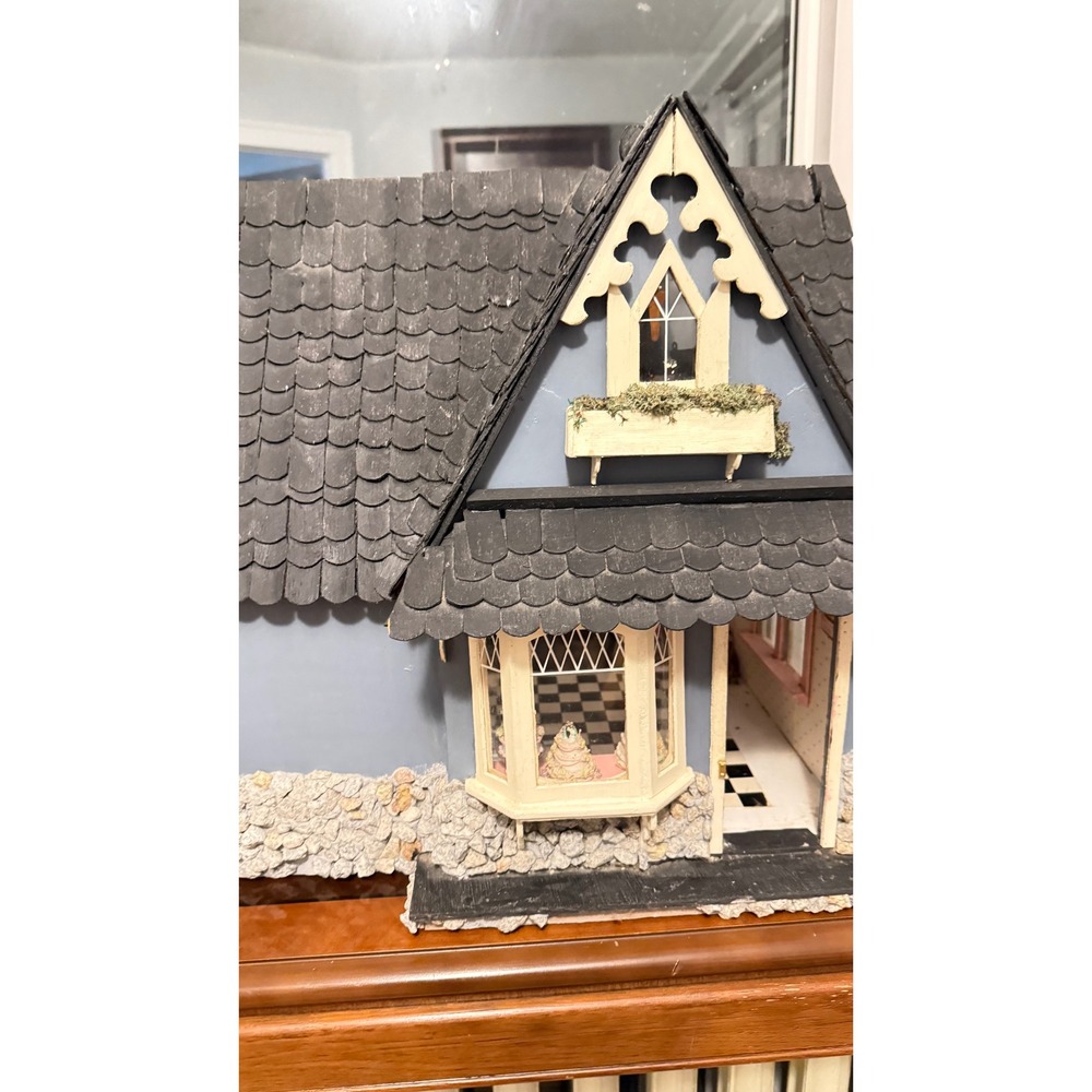 Vintage Handmade Wooden Dollhouse Miniature Bakery Cottage Blue Stone Base